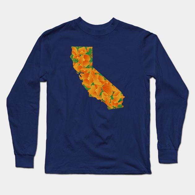 California State Outline Poppy Wildflower Superbloom Long Sleeve T-Shirt by Spatium Natura